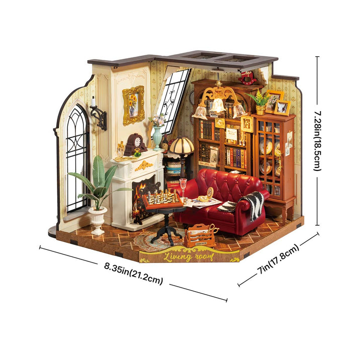 Rolife Catherine's Living Room DG175 miniature house clean hero shot showing full interior with red sofa, fireplace, bookshelves, and arched gothic window