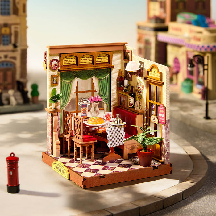 Rolife Champs-Élysées Bistro Miniature House DS053 DIY miniature house kit, angled view showing detail and craftsmanship