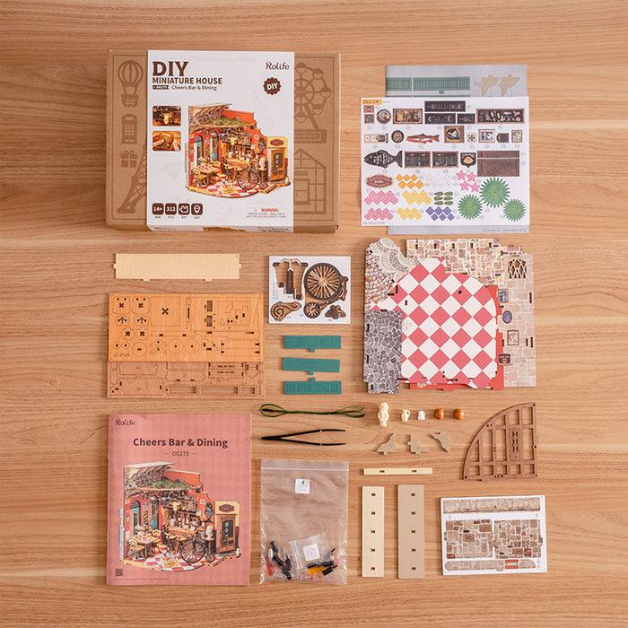 Rolife Cheers Bar & Dining DIY Miniature House DG173, DIY miniature dollhouse kit, close-up detail