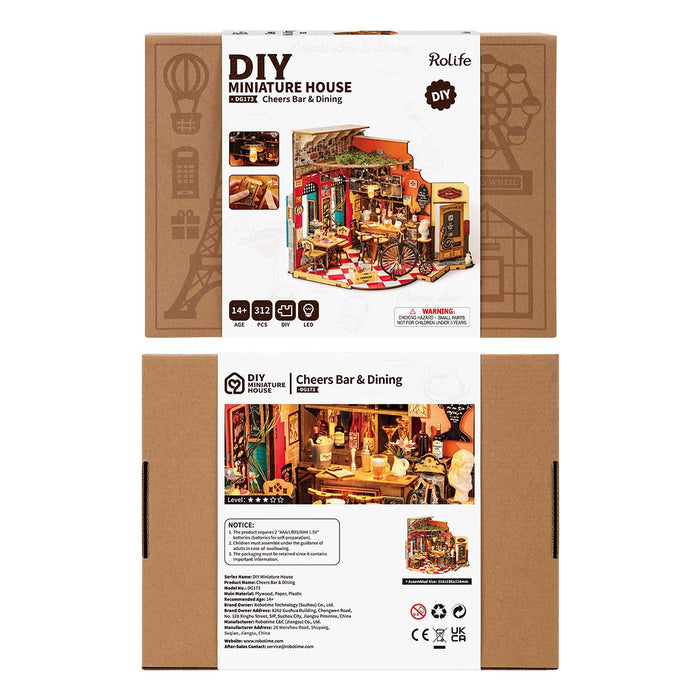 Rolife Cheers Bar and Dining DIY Miniature House DG173 retail box showing front and back panels with assembly details, piece count of 312, LED feature, and age rating of 14 plus