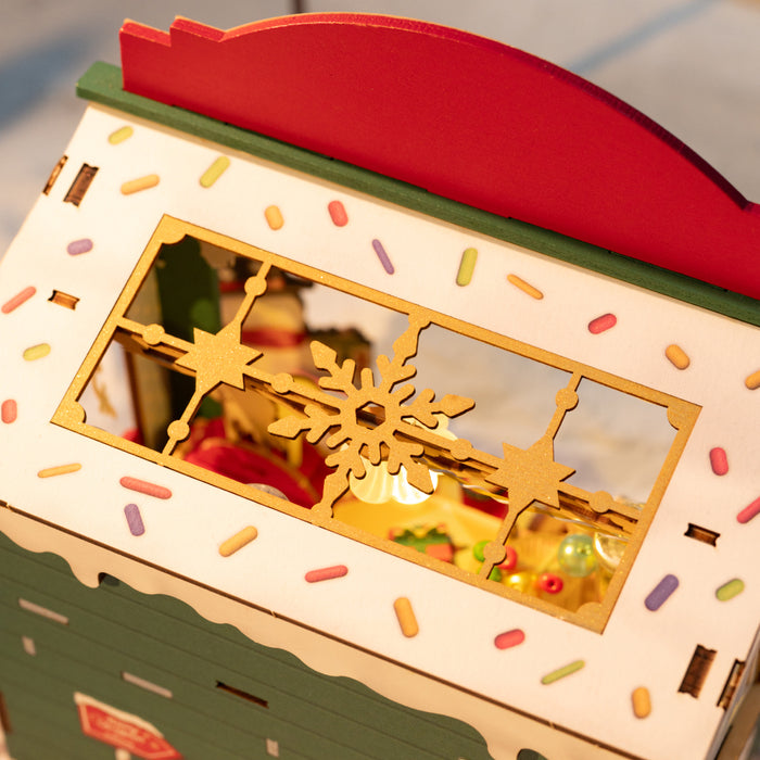 Rolife Christmas Candy Stand Miniature House 3D wooden architecture model, close-up of interior components and accessories