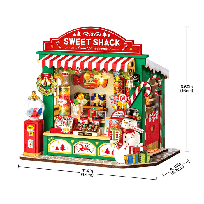 Rolife Christmas Candy Stand Miniature House DS043 3D wooden architecture model, side view highlighting structure and scale