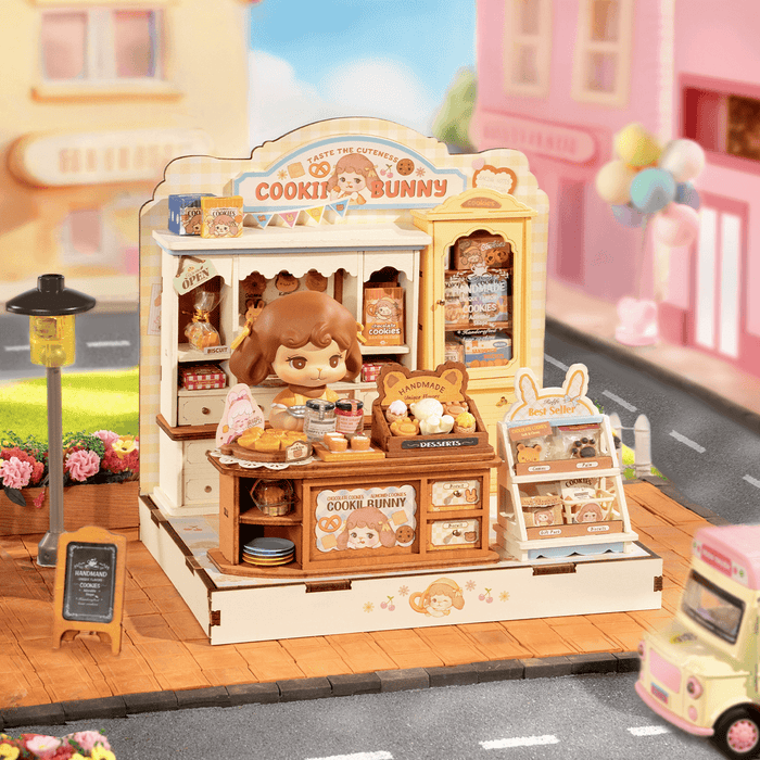 Rolife Cookii Bunny's Cookie Shop Miniature House DG177 DIY miniature house kit, angled view showing detail and craftsmanship