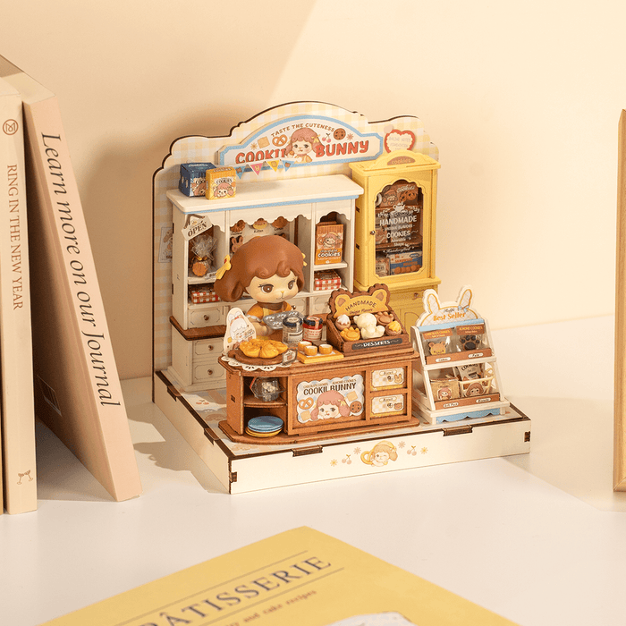 Rolife Cookii Bunny's Cookie Shop Miniature House DIY miniature house kit, close-up of interior components and accessories