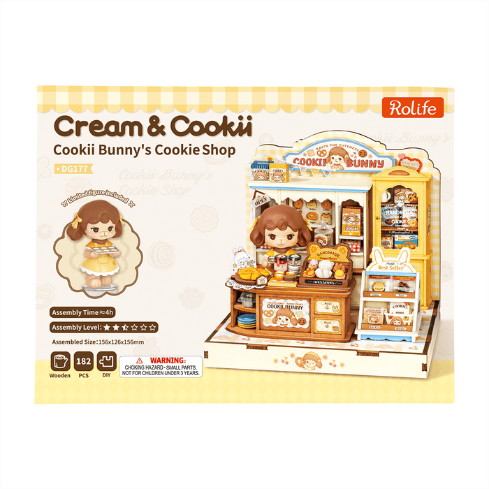 Rolife Cookii Bunny's Cookie Shop Miniature House DG177 DIY miniature house kit, styled lifestyle scene with model assembled