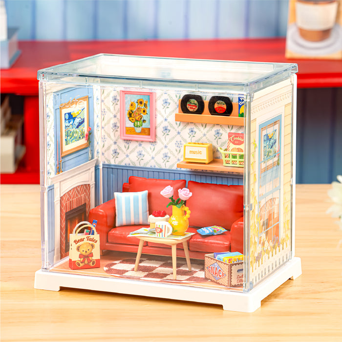 Rolife Country Blue Lounge Miniature House DWS05B DIY miniature house kit, angled view showing detail and craftsmanship