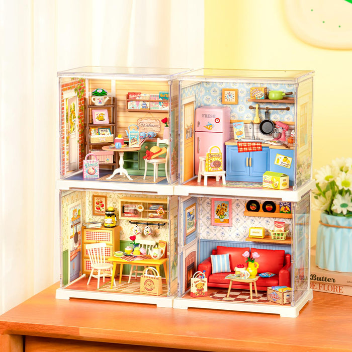 Rolife Country Blue Lounge Miniature House DWS05B DIY miniature house kit, close-up of interior components and accessories