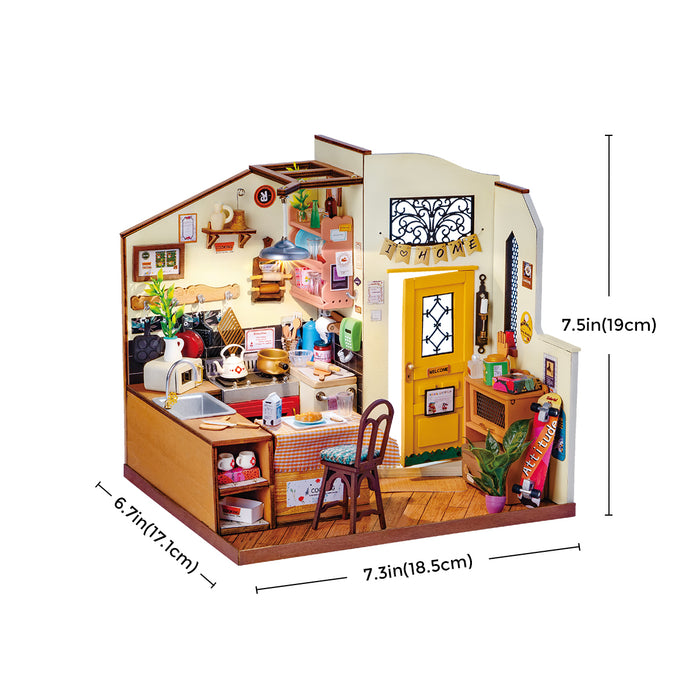 Rolife Cozy Kitchen DIY miniature house dimensions diagram showing 7.3 by 6.7 by 7.5 inch measurements labeled