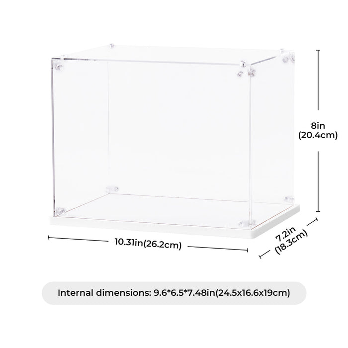 Rolife clear acrylic display box TGF01 with dimension labels showing 10.31 by 9.6 by 8 inch internal measurements