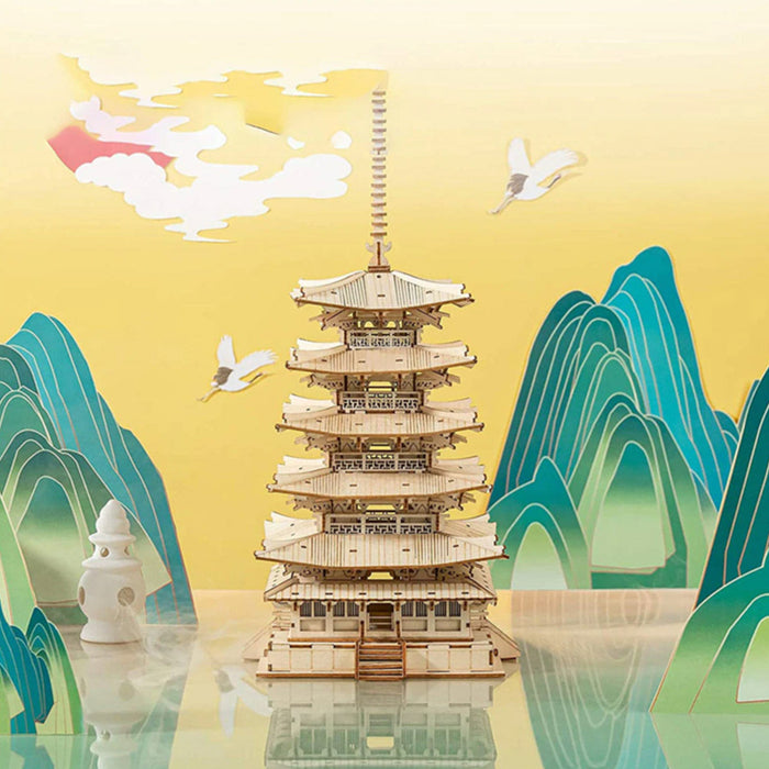 Rolife Five-storied Pagoda TGN02 3D wooden architecture puzzle, angled three-quarter view of the build