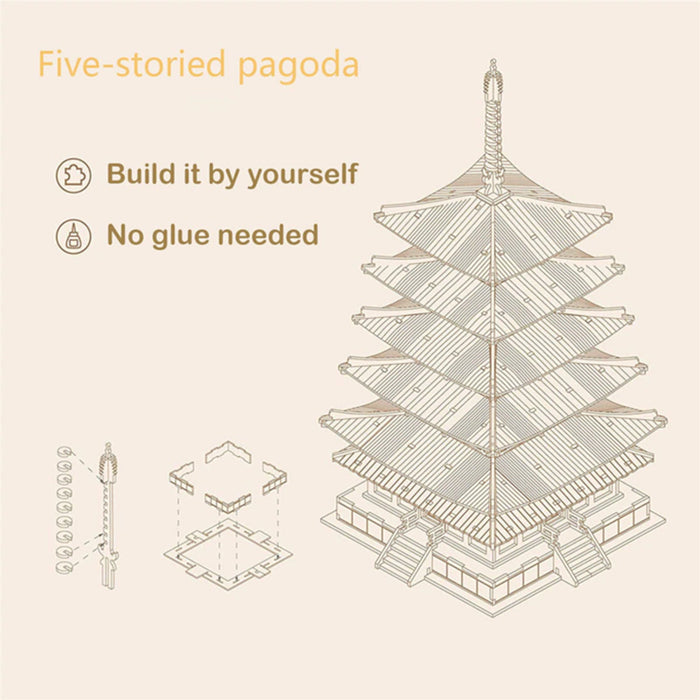 Rolife Five-storied Pagoda TGN02 3D wooden architecture puzzle, top-down view of the assembled model
