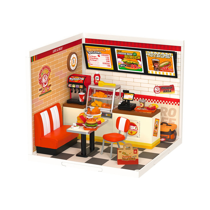 Rolife Yum Yum Burgers DW010 Super Creator full white background view of complete retro burger diner with all food accessories and seating area