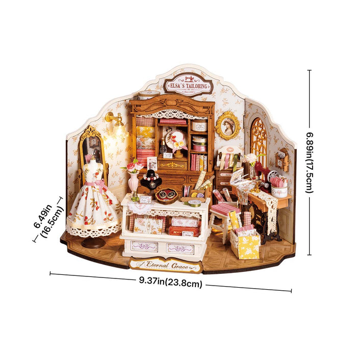 Rolife Elsa's Tailoring DG178 size diagram on white background showing 9.37 by 6.49 by 6.89 inch assembled dimensions with measurement arrows