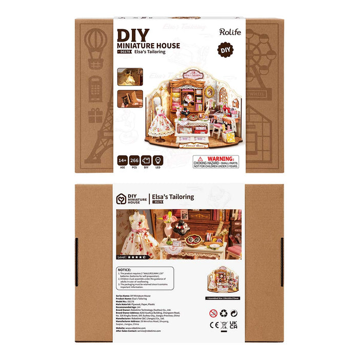 Rolife Elsa's Tailoring DG178 retail box front and back showing product photos, 266 pieces count, LED feature, age 14 plus and dimension label