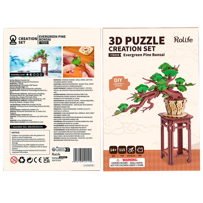Rolife Evergreen Pine Bonsai TG510 retail box back showing product name, piece count and assembly icons