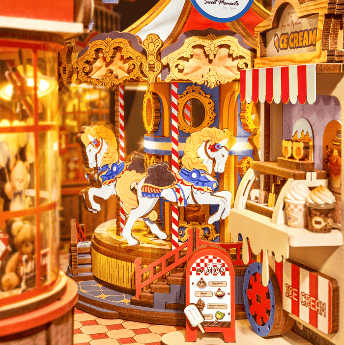 Rolife Fairytale Amusement Park Book Nook TGB17 3D wooden puzzle model, close-up of interior components and accessories
