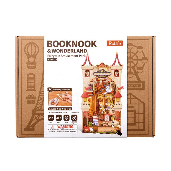Rolife Fairytale Amusement Park Book Nook TGB17 3D wooden puzzle model, side view highlighting structure and scale