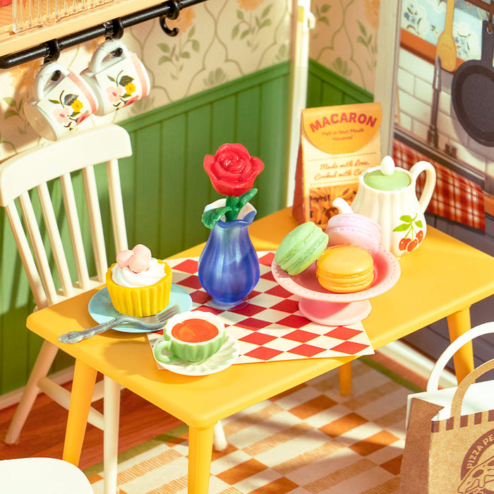 Rolife Floral Dining Room Miniature House DWS06B DIY miniature house kit, top-down view of layout and arrangement