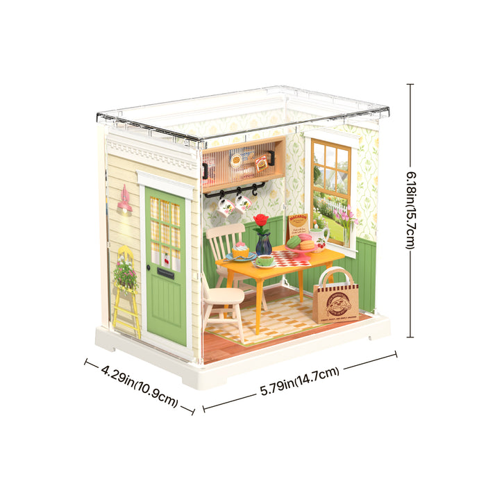 Rolife Floral Dining Room Miniature House DWS06B DIY miniature house kit, styled lifestyle scene with model assembled