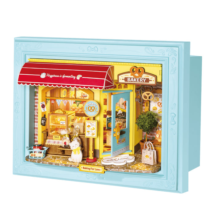Rolife Fluffy Cat Bakery 3D Wooden Puzzle DP001 3D wooden puzzle model, product front view on neutral background