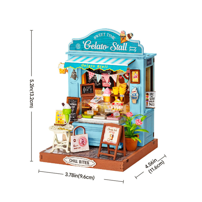 Rolife Gelato Stall Miniature House DS052 DIY miniature house kit, side view highlighting structure and scale
