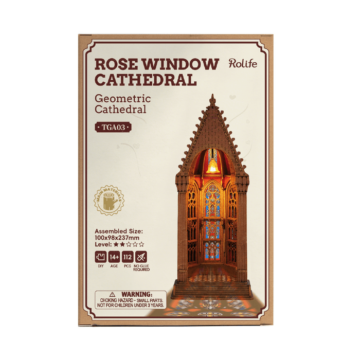 Rolife Geometric Cathedral 3D Wooden Puzzle TGA03 3D wooden architecture model, styled lifestyle scene with model assembled