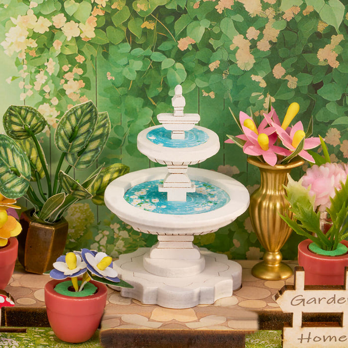 Rolife Green Fountain Garden Miniature House DS049 DIY miniature house kit, top-down view of layout and arrangement
