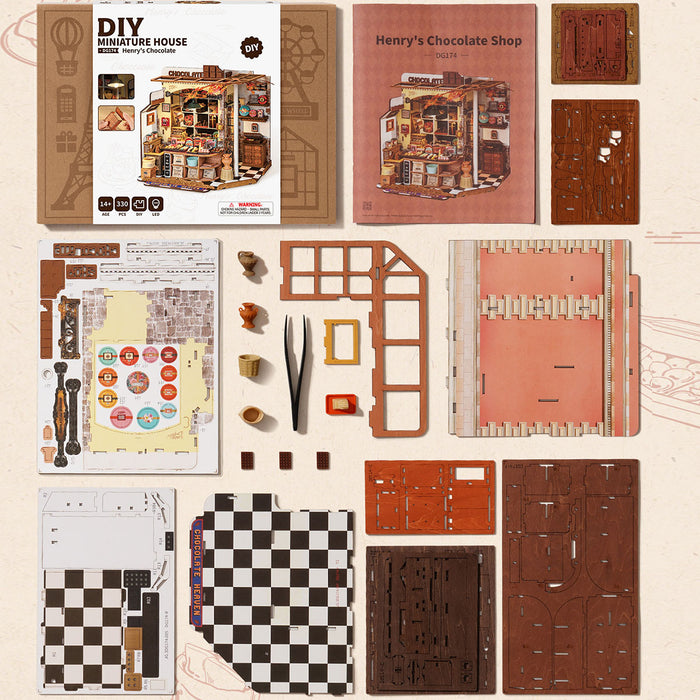 Rolife Henry's Chocolate DIY Miniature House DG174, DIY miniature dollhouse kit, close-up detail