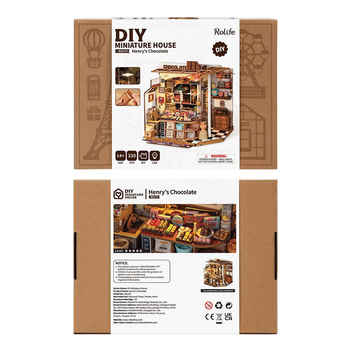 Rolife Henry's Chocolate DIY Miniature House DG174 packaging front and back showing the brown kraft box with product name, piece count 330, LED feature icons, and assembly level 4.5 stars.
