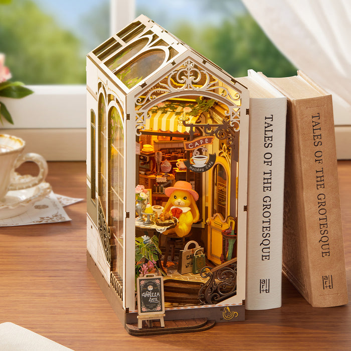 Rolife Holiday Cafe Book Nook Kit TGB15 3D wooden puzzle model, detail of decorative elements and finish