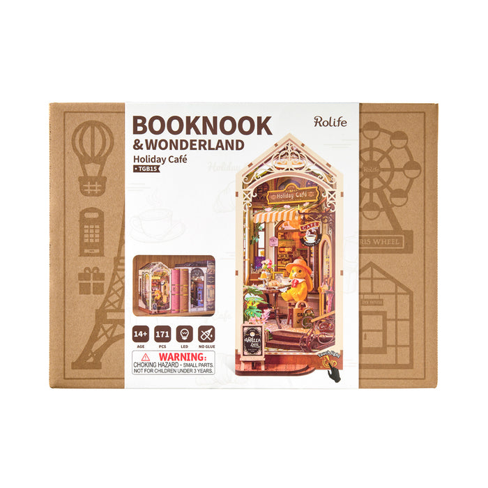 Rolife Holiday Cafe Book Nook Kit TGB15 3D wooden puzzle model, side view highlighting structure and scale