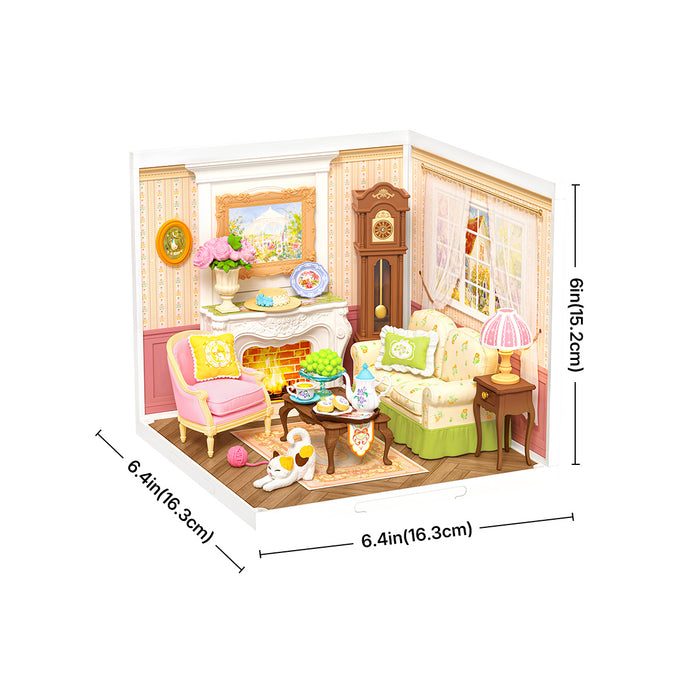 Rolife Holiday Tea Time DW023 isometric view with white dimension annotations showing 6.4 by 6.4 by 6 inches on a white background