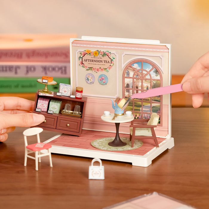 Rolife Honey Tea Lounge DIY miniature house kit, styled lifestyle shot DWS02B
