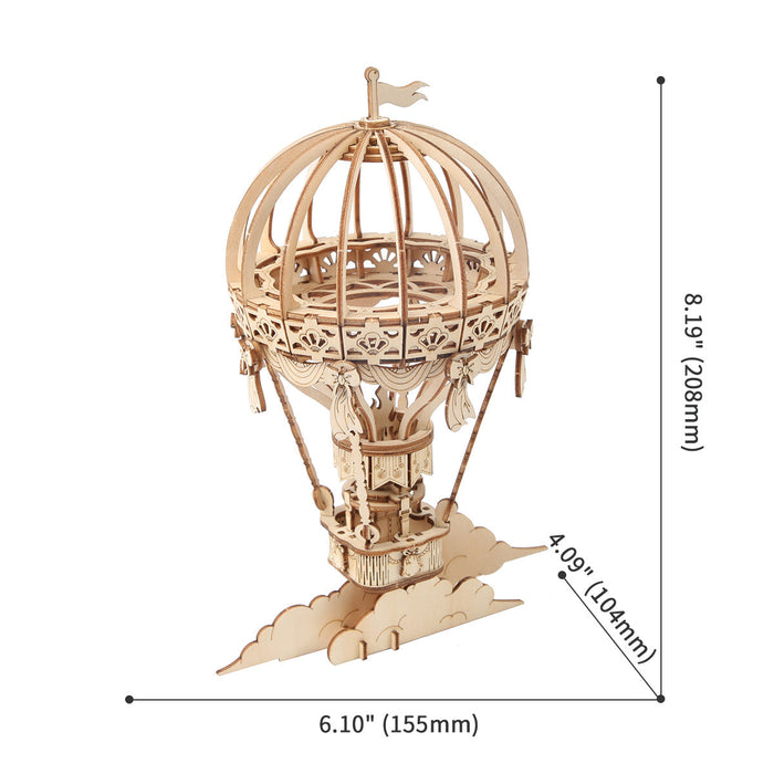 Rolife hot air balloon 3D wooden puzzle TG406 with dimension callouts showing 8.19 inch assembled height