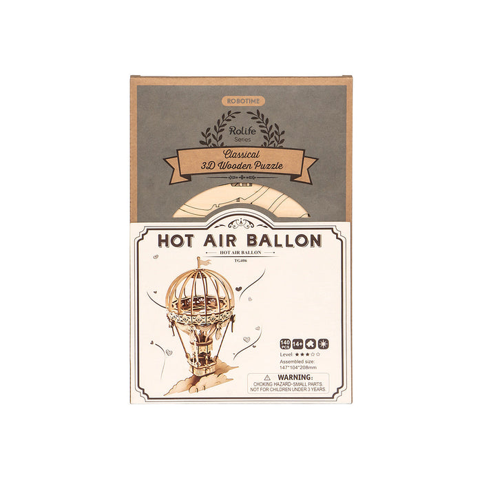 Rolife hot air balloon 3D wooden puzzle product box with engraved balloon sketch and warning label