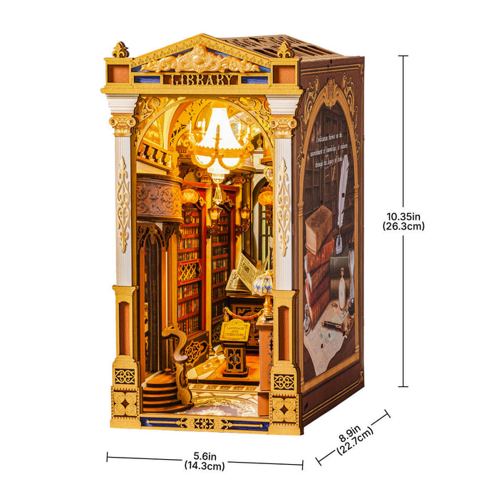 Rolife Library of Wonders Book Nook TGB16 3D wooden puzzle model, styled lifestyle scene with model assembled