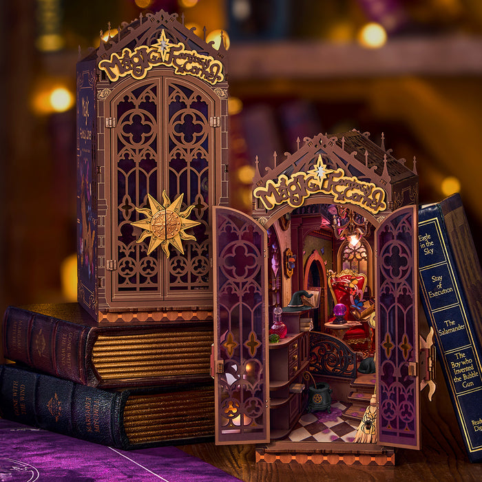 Rolife Magic Fantasy Corner TGB14 front view showing closed and open positions with glowing golden star, purple gothic facade, and warm interior