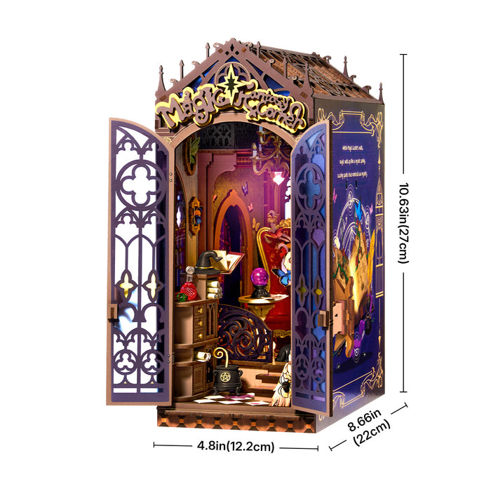 Rolife Magic Fantasy Corner TGB14 dimensions diagram showing open book nook measuring 10.63 x 8.66 x 4.8 inches with colorful lit interior