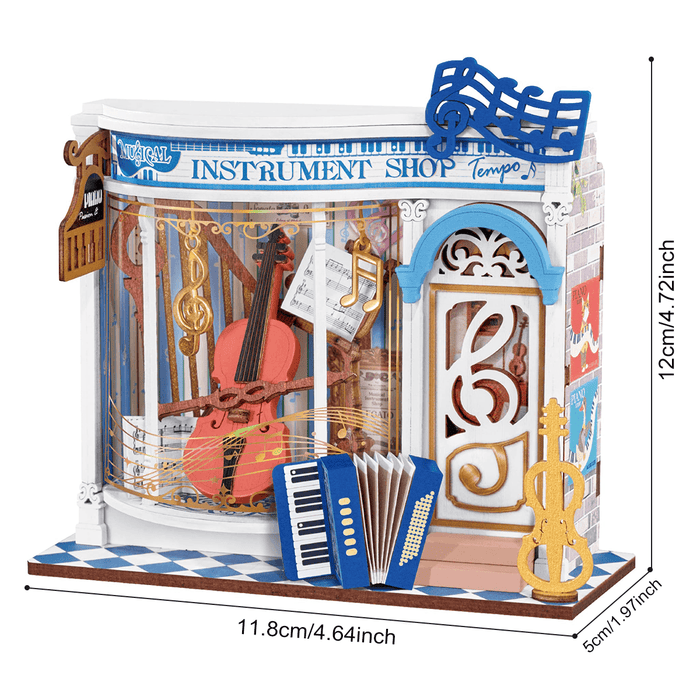 Rolife Melody Instrument Shop Miniature House DS047 DIY miniature house kit, styled lifestyle scene with model assembled
