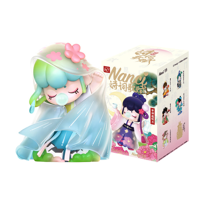 Rolife Nanci Chinese Poetry surprise figure in a flowing teal robe with green-tipped hair and pink blossom headpiece beside its illustrated gift box