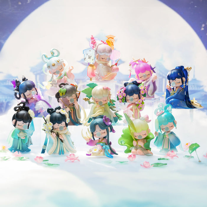 Rolife Nanci Poetic Beauty complete set of 12 figure dolls posed together against a moonlit Chinese landscape background