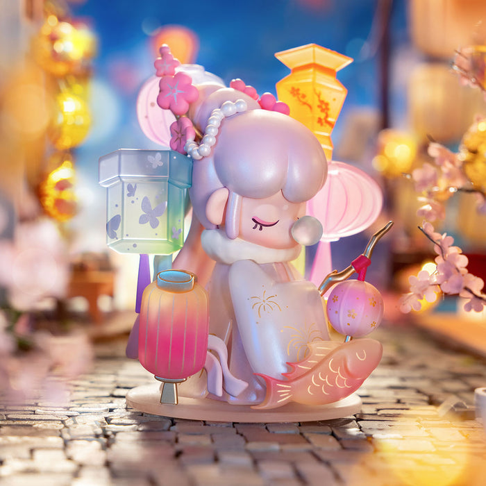 Rolife Nanci Poetic Beauty white rabbit figure doll holding a glowing lantern on a cobblestone street with warm bokeh lights