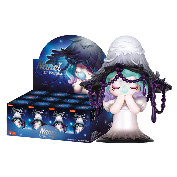 Nanci Secret Fantasy blind box packaging beside a white-haired figure with a starry night design