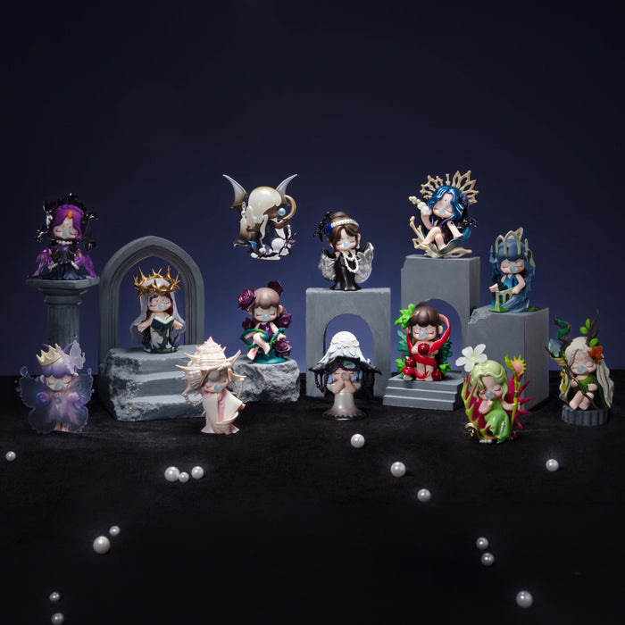 Twelve collectible figurines displayed on stone pedestals in a dark scene with scattered pearls