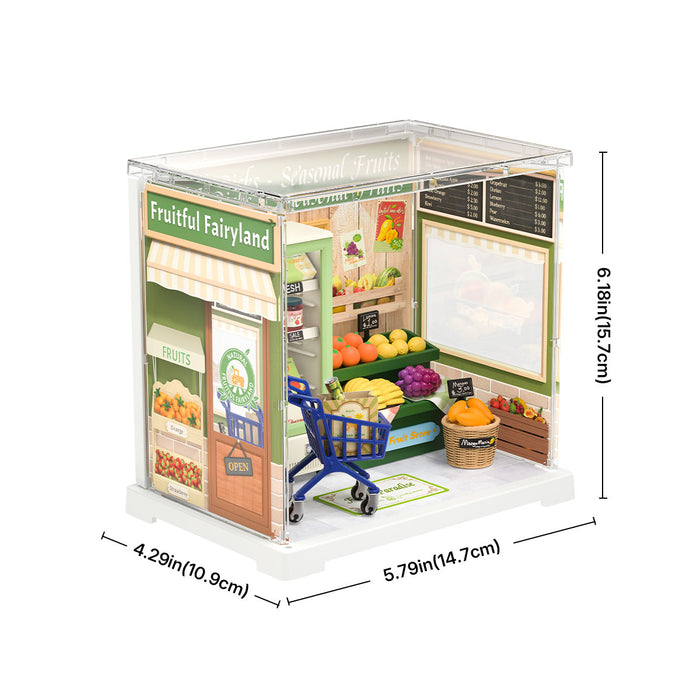 Rolife Nature Energy Fruits DWS01B dimension sheet showing the miniature measures 5.79in wide by 4.29in deep by 6.18in tall with Fruitful Fairyland exterior visible.