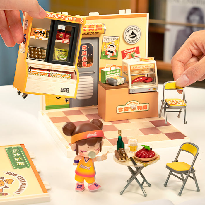 Rolife Night Out Food Stall DW022 and Panda Hot Pot DW020 miniature houses stacked two floors high with Nanci and Suri dolls placed around them on a warm background