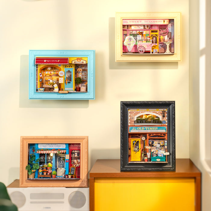 Rolife Old Times Bookstore 3D Wooden Puzzle DP004 3D wooden puzzle model, top-down view of layout and arrangement