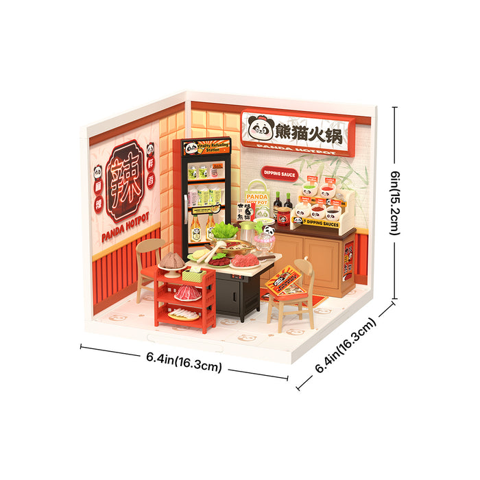 Rolife Panda Hot Pot DW020 miniature house with dimensions 6.4 by 6.4 by 6 inches on white showing the full hotpot restaurant interior with panda signage and dipping sauce counter