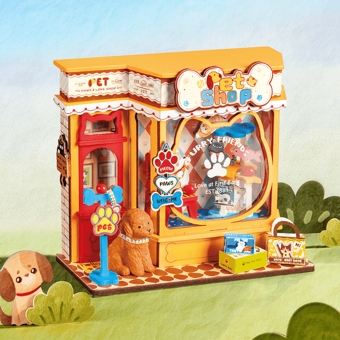 Rolife Pawfect Pet Shop Miniature House DS045 DIY miniature house kit, angled view showing detail and craftsmanship