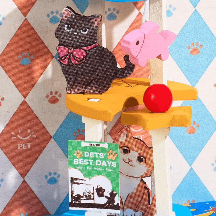 Rolife Pawfect Pet Shop Miniature House DS045 DIY miniature house kit, top-down view of layout and arrangement